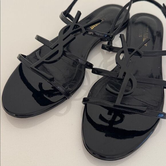 Saint Laurent Cassandra YSL Logo Black Patent Leather Sandals Size EU 38 US 8 - Picture 6 of 9